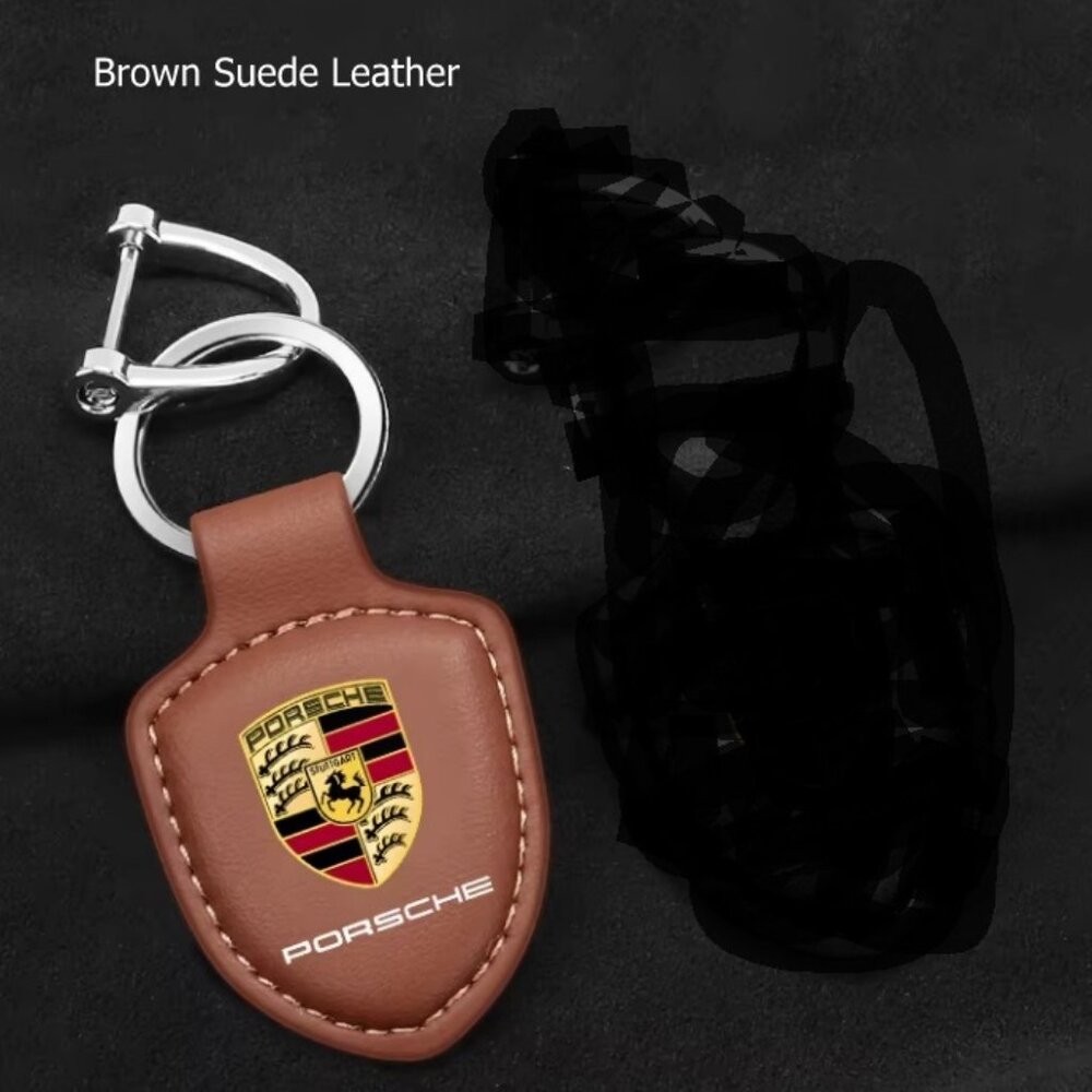 Porsche Brown STUTTGART HOTROD Suede Blue Leather Crest KeyRing Ke… - Picture 2 of 4